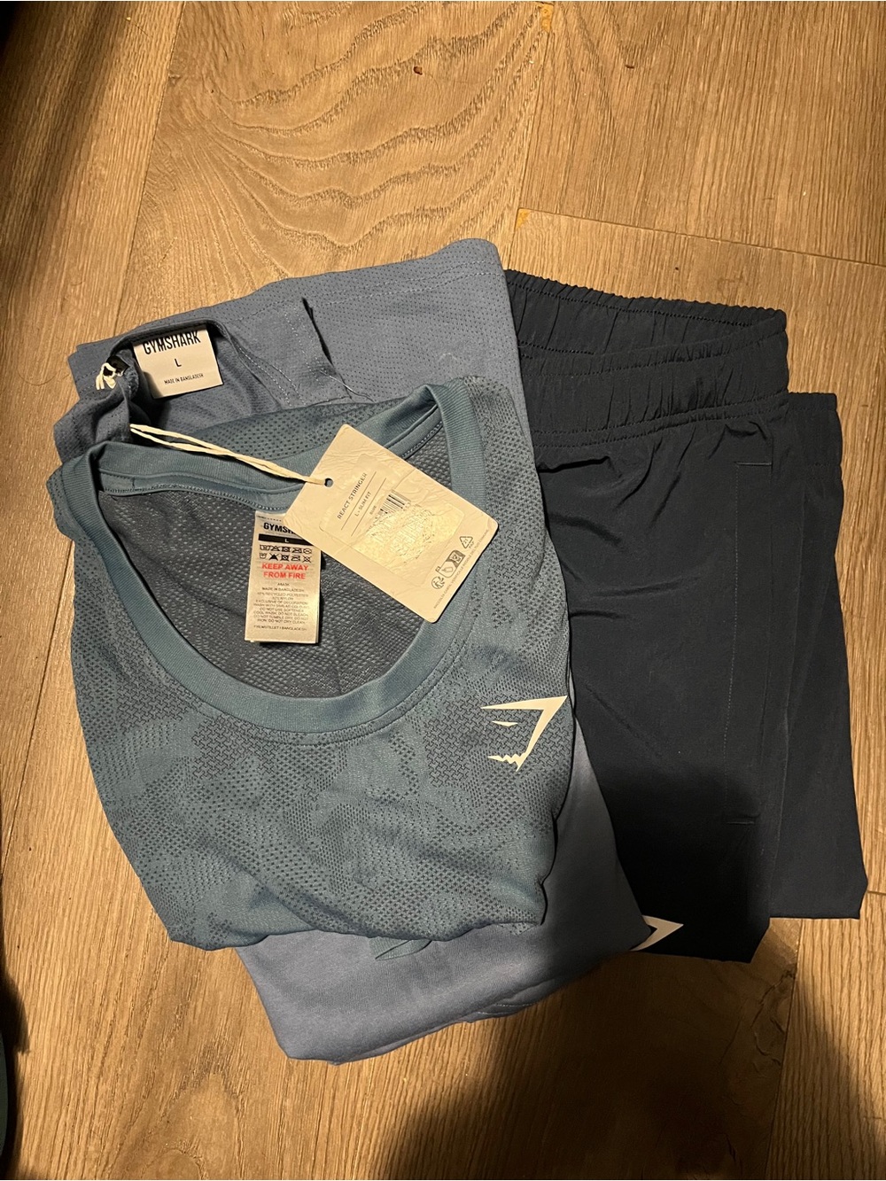 Gymshark Men’s Slate Blue Seamless Training Tee with blue light weight pants